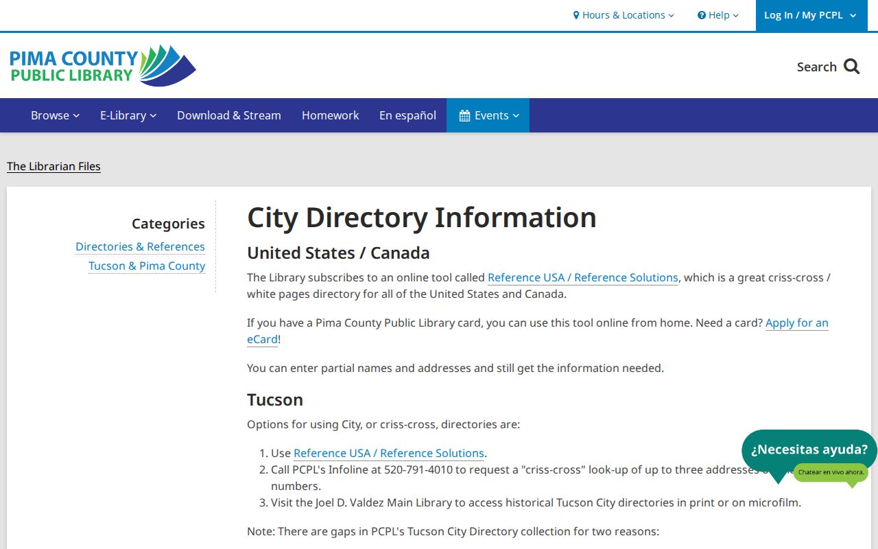 Tucson city directory access options at Pima County Public Library