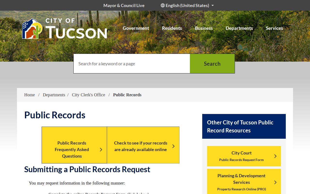 Tucson residents directory City Clerk public records request