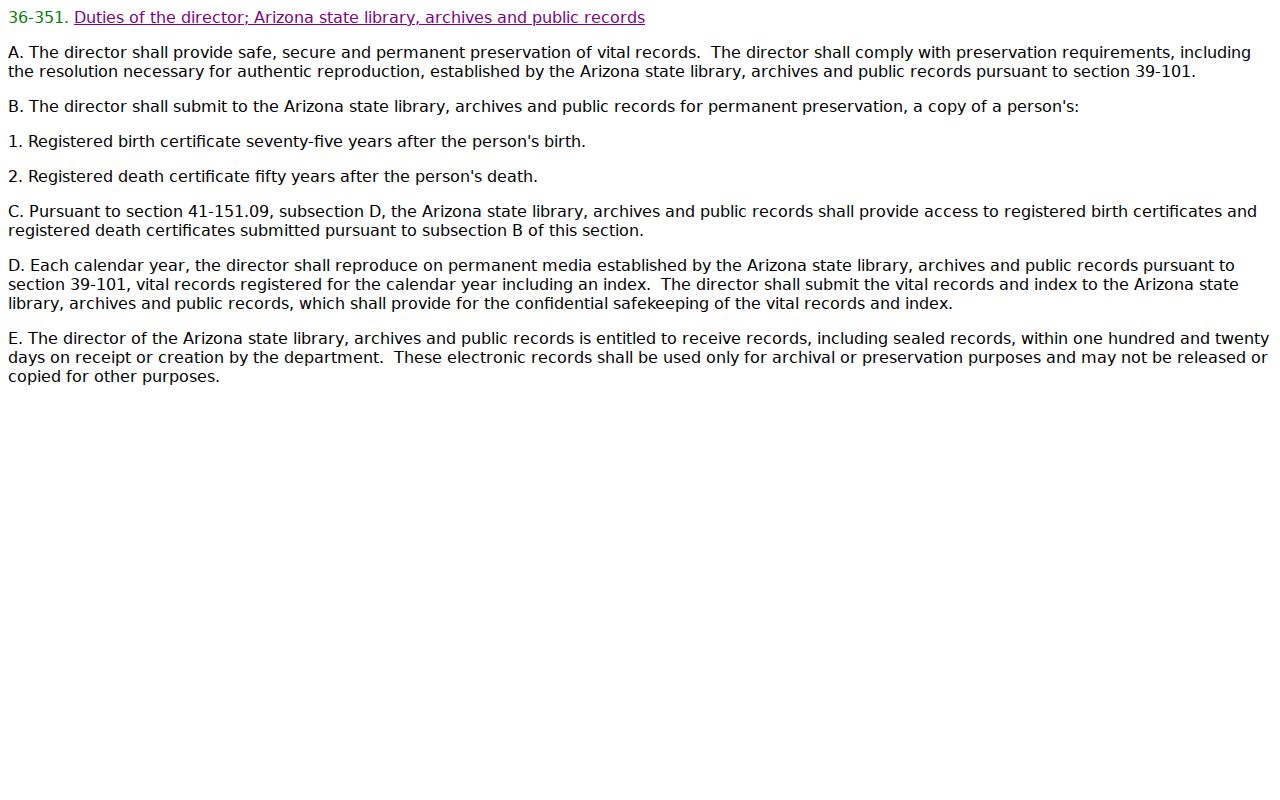 Tucson previous residents Arizona archival vital records statute