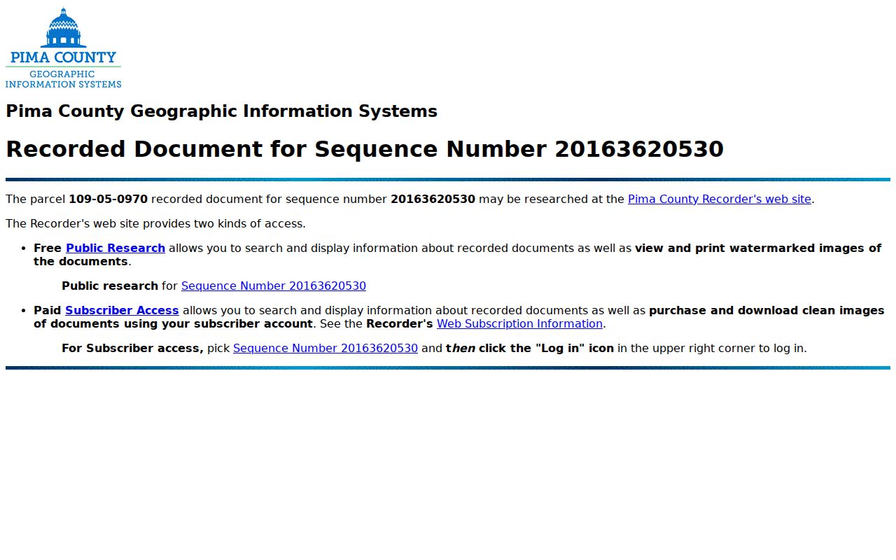 Tucson street directory sample Pima County recorded document link