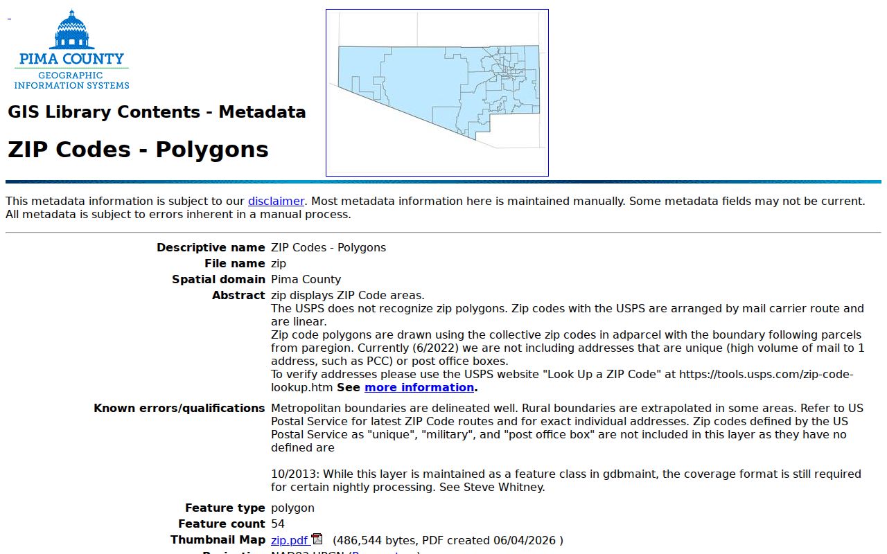 Tucson ZIP code directory view of Pima County ZIP layer metadata